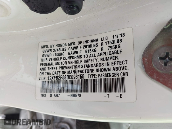 2013 Honda Civic LX with VIN 19XFB2F58DE093155, listed as a IAAI auction lot 41784537 with 138,934 mi miles and . Bid and sale history available at DreamBid. Image 9.