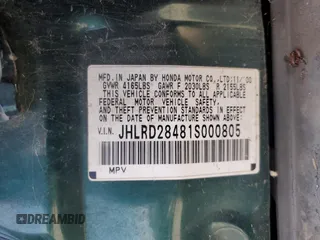 2001 Honda CR-V LX with VIN JHLRD28481S000805, listed as a Copart auction lot 54272515 with 255,547 mi miles and Non Repairable. Bid and sale history available at carsss.com. Image 13.
