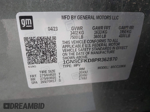 2023 Chevrolet Suburban Premier z VIN 1GNSCFKD8PR362870, wystawiony jako IAAI lot #42148476 z przebiegiem 54 983 mil mil oraz . Historia ofert i sprzedaży dostępna na DreamBid. Obrazek 9.