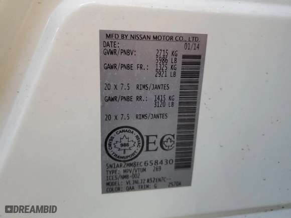 2014 Nissan Pathfinder Platinum with VIN 5N1AR2MM8EC658430, listed as a Copart auction lot 46711815 with 108,376 mi miles and Salvage Title. Bid and sale history available at carsss.com. Image 14.