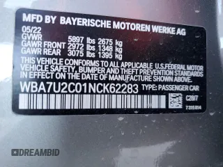 2022 BMW 7 Series 750i xDrive z VIN WBA7U2C01NCK62283, wystawiony jako Copart lot #83007534 z przebiegiem Nie podano mil oraz Szkoda całkowita • Salvage title. Historia ofert i sprzedaży dostępna na DreamBid. Obrazek 12.