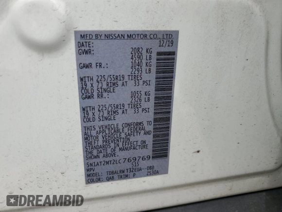 2020 Nissan Rogue S with VIN 5N1AT2MT2LC769769, listed as a Copart auction lot 57358605 with 57,960 mi miles and Salvage title. Bid and sale history available at DreamBid. Image 12.
