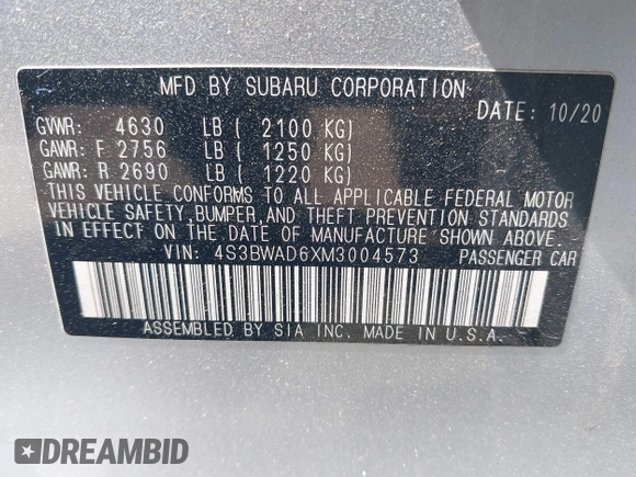 2021 Subaru Legacy Premium с VIN 4S3BWAD6XM3004573, выставлен на аукционе IAAI как лот 42178055 с пробегом 112 331 миль миль и . История ставок и продаж доступна на DreamBid. Изображение 9.