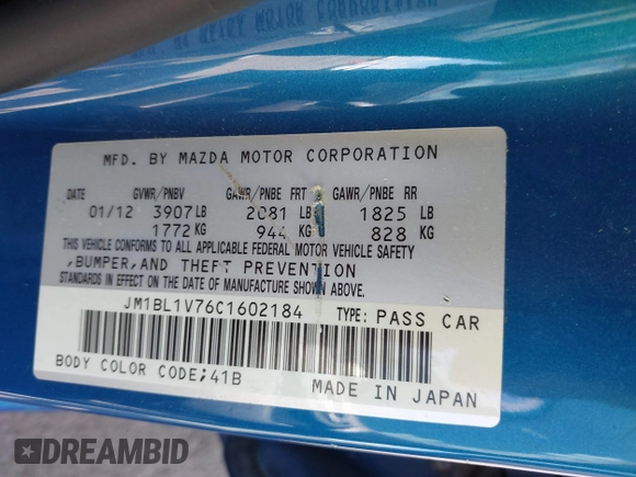 2012 Mazda Mazda3 i Touring with VIN JM1BL1V76C1602184, listed as a IAAI auction lot 42045274 with 117,600 mi miles. Bid and sale history available at carsss.com. Image 9.