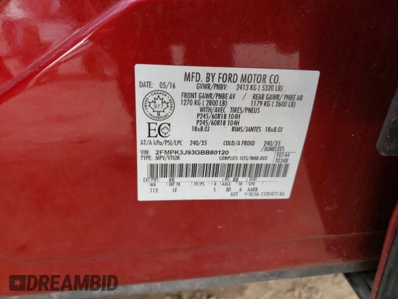 2016 Ford Edge SEL z VIN 2FMPK3J93GBB80120, wystawiony jako Copart lot #56124735 z przebiegiem 104 706 mil mil oraz Szkoda całkowita • Salvage title. Historia ofert i sprzedaży dostępna na DreamBid. Obrazek 14.