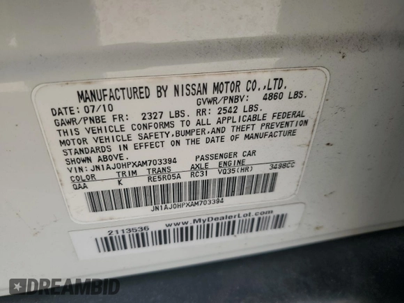 2010 Infiniti EX Journey with VIN JN1AJ0HPXAM703394, listed as a Copart auction lot 77591604 with 128,319 mi miles and Salvage Title. Bid and sale history available at DreamBid. Image 13.