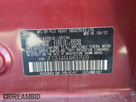 2010 Subaru Impreza i z VIN JF1GE6A64AH517509, wystawiony jako Copart lot #56002745 z przebiegiem 154 609 mil mil oraz Nie do naprawy • Non repairable. Historia ofert i sprzedaży dostępna na DreamBid. Obrazek 13.