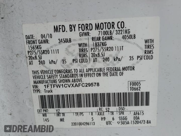 2010 Ford F-150 XL with VIN 1FTFW1CVXAFC29578, listed as a Copart auction lot 50214125 with 203,410 mi miles and Salvage Title. Bid and sale history available at carsss.com. Image 12.