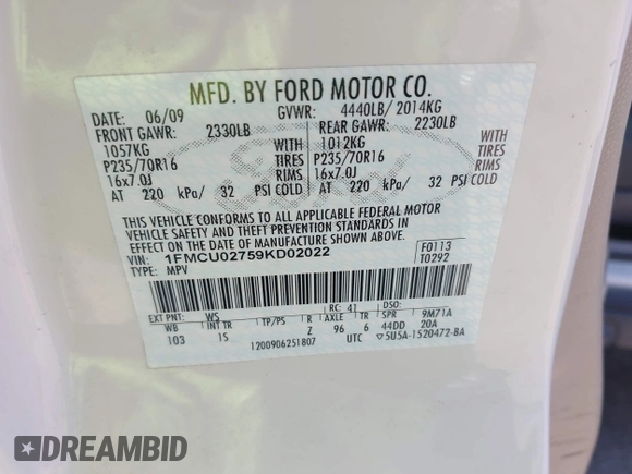 2009 Ford Escape XLS with VIN 1FMCU02759KD02022, listed as a IAAI auction lot 42228347 with 258,533 mi miles and . Bid and sale history available at DreamBid. Image 9.