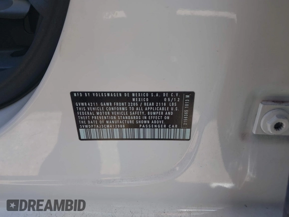 2012 Volkswagen Jetta SE with VIN 3VWDP7AJ3CM412988, listed as a IAAI auction lot 42528977 with 57,175 mi miles and . Bid and sale history available at DreamBid. Image 9.