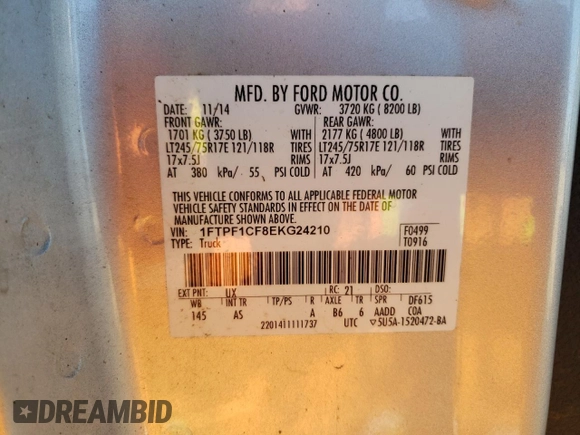 2014 Ford F-150 XL with VIN 1FTPF1CF8EKG24210, listed as a Copart auction lot 47992275 with 148,271 mi miles and Clean title. Bid and sale history available at DreamBid. Image 12.