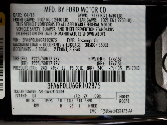2016 Ford Fusion SE Hybrid with VIN 3FA6P0LU6GR102875, listed as a Copart auction lot 49179435 with 140,538 mi miles and Salvage Title. Bid and sale history available at carsss.com. Image 14.