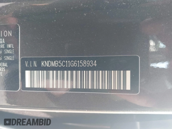 2016 Kia Sedona LX with VIN KNDMB5C11G6158934, listed as a IAAI auction lot 41908323 with 105,888 mi miles and . Bid and sale history available at carsss.com. Image 9.