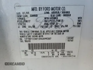 2005 Ford F-150 XL with VIN 1FTRF12W15NA99287, listed as a Copart auction lot 88585395 with 188,488 mi miles and Salvage Title. Bid and sale history available at carsss.com. Image 12.