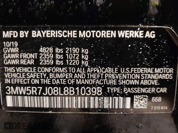 2020 BMW 3 Series 330i xDrive with VIN 3MW5R7J08L8B10398, listed as a IAAI auction lot 41854095 with 89,319 mi miles and . Bid and sale history available at DreamBid. Image 9.