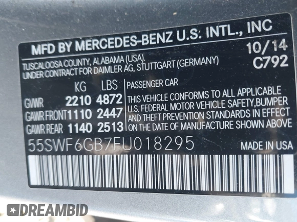 2015 Mercedes-Benz C-Class C 400 with VIN 55SWF6GB7FU018295, listed as a IAAI auction lot 41217523 with 120,822 mi miles. Bid and sale history available at carsss.com. Image 9.