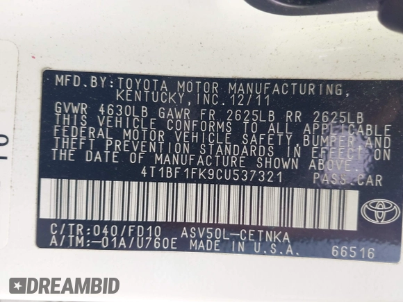 2012 Toyota Camry L with VIN 4T1BF1FK9CU537321, listed as a IAAI auction lot 42177382 with 227,599 mi miles. Bid and sale history available at carsss.com. Image 9.
