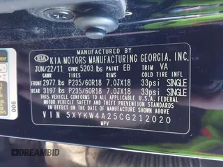 2012 Kia Sorento SX with VIN 5XYKW4A25CG212020, listed as a IAAI auction lot 41456930 with 214,368 mi miles. Bid and sale history available at carsss.com. Image 9.