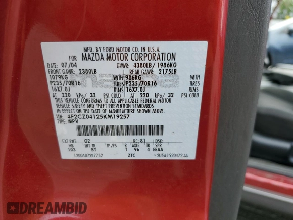 2005 Mazda Tribute S with VIN 4F2CZ04125KM19257, listed as a Copart auction lot 67370664 with 140,348 mi miles and Salvage Title. Bid and sale history available at DreamBid. Image 13.