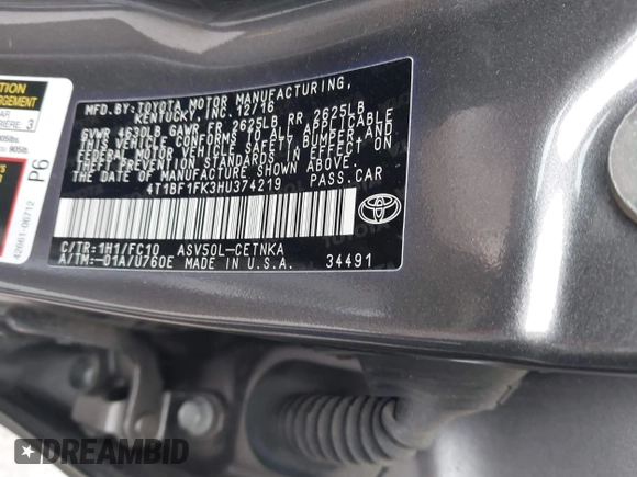 2017 Toyota Camry XLE z VIN 4T1BF1FK3HU374219, wystawiony jako IAAI lot #41502142 z przebiegiem 17 837 mil mil oraz . Historia ofert i sprzedaży dostępna na DreamBid. Obrazek 9.