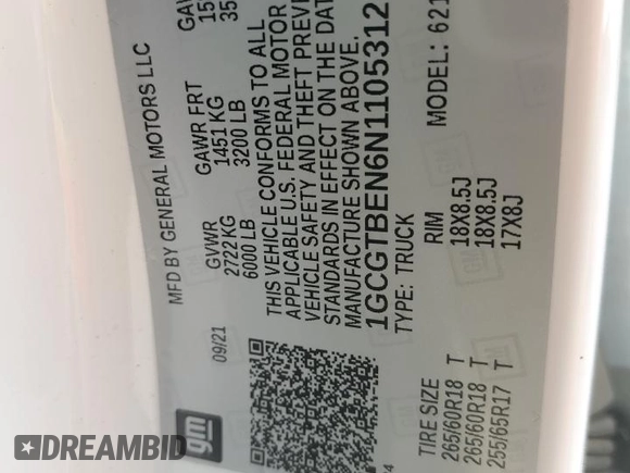 2022 Chevrolet Colorado 4WD Work Truck z VIN 1GCGTBEN6N1105312, wystawiony jako Copart lot #59128045 z przebiegiem 114 514 mil mil oraz Szkoda całkowita • Salvage title. Historia ofert i sprzedaży dostępna na DreamBid. Obrazek 12.
