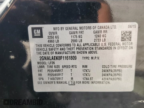 2015 Chevrolet Equinox LS with VIN 2GNALAEK8F1161809, listed as a Copart auction lot 55157065 with 98,760 mi miles and Clean Title. Bid and sale history available at DreamBid. Image 13.