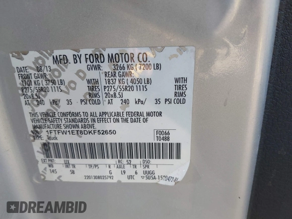 2013 Ford F-150 XL with VIN 1FTFW1ET8DKF52650, listed as a IAAI auction lot 41896959 with 287,272 mi miles. Bid and sale history available at carsss.com. Image 9.