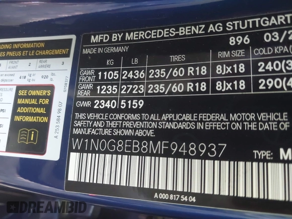 2021 Mercedes-Benz GLC 300 with VIN W1N0G8EB8MF948937, listed as a IAAI auction lot 42571738 with 38,527 mi miles and . Bid and sale history available at DreamBid. Image 9.