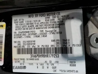 2017 Ford Fusion SE z VIN 3FA6P0H98HR179253, wystawiony jako Copart lot #52015345 z przebiegiem 99 883 mil mil oraz Czysty tytuł • Clean title. Historia ofert i sprzedaży dostępna na DreamBid. Obrazek 12.