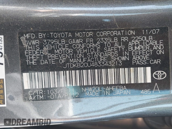 2008 Toyota Prius z VIN JTDKB20U483343213, wystawiony jako IAAI lot #42418853 z przebiegiem 254 134 mil mil oraz . Historia ofert i sprzedaży dostępna na DreamBid. Obrazek 9.
