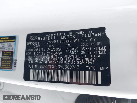 2021 Hyundai Palisade SEL z VIN KM8R3DHE9MU309742, wystawiony jako IAAI lot #41132184 z przebiegiem 53 716 mil mil oraz . Historia ofert i sprzedaży dostępna na DreamBid. Obrazek 9.