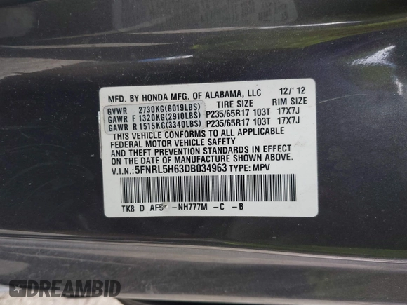 2013 Honda Odyssey EX-L with VIN 5FNRL5H63DB034963, listed as a IAAI auction lot 41921431 with 163,609 mi miles and . Bid and sale history available at DreamBid. Image 9.