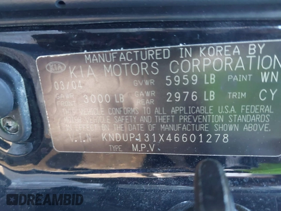 2004 Kia Sedona LX with VIN KNDUP131X46601278, listed as a IAAI auction lot 41472321 with 202,212 mi miles. Bid and sale history available at carsss.com. Image 9.