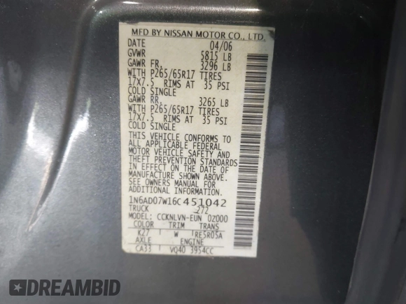 2006 Nissan Frontier LE с VIN 1N6AD07W16C451042, выставлен на аукционе IAAI как лот 42403855 с пробегом 148 642 миль миль и . История ставок и продаж доступна на DreamBid. Изображение 9.