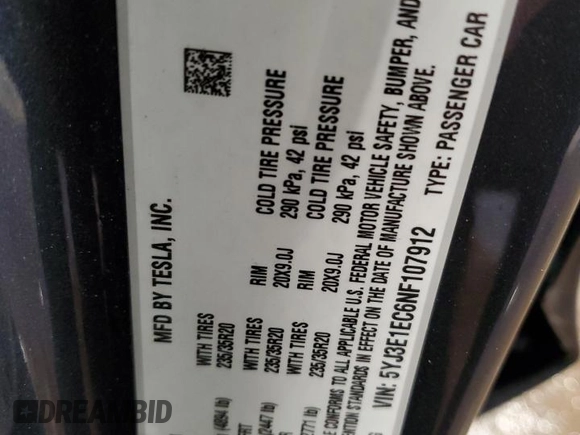 2022 Tesla Model 3 Performance with VIN 5YJ3E1EC6NF107912, listed as a Copart auction lot 46126545 with 31,389 mi miles and Salvage Title. Bid and sale history available at carsss.com. Image 13.