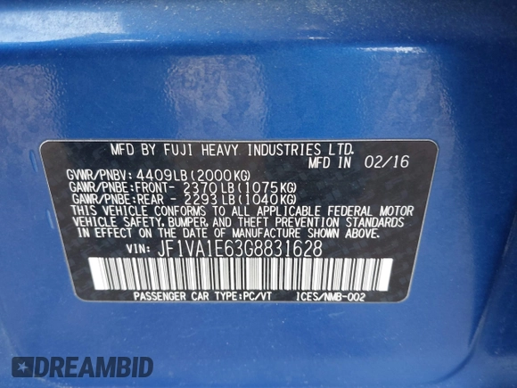 2016 Subaru WRX Premium with VIN JF1VA1E63G8831628, listed as a IAAI auction lot 41661025 with 92,193 mi miles. Bid and sale history available at carsss.com. Image 9.