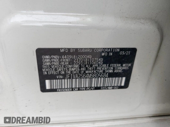 2021 Subaru WRX STI с VIN JF1VA2S64M9805684, выставлен на аукционе Copart как лот 55616745 с пробегом 47 737 миль миль и Списание • Salvage title. История ставок и продаж доступна на DreamBid. Изображение 12.