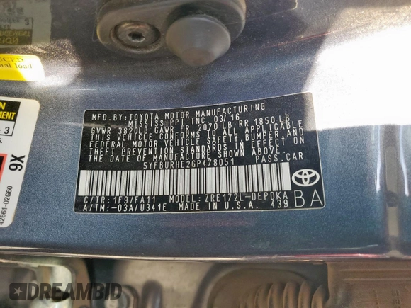 2016 Toyota Corolla L with VIN 5YFBURHE2GP478051, listed as a Copart auction lot 57886185 with 89,759 mi miles and Salvage title. Bid and sale history available at DreamBid. Image 12.