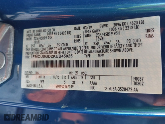 2019 Ford Escape SE z VIN 1FMCU0GD2KUB45025, wystawiony jako IAAI lot #42231745 z przebiegiem 65 732 mil mil oraz . Historia ofert i sprzedaży dostępna na DreamBid. Obrazek 9.