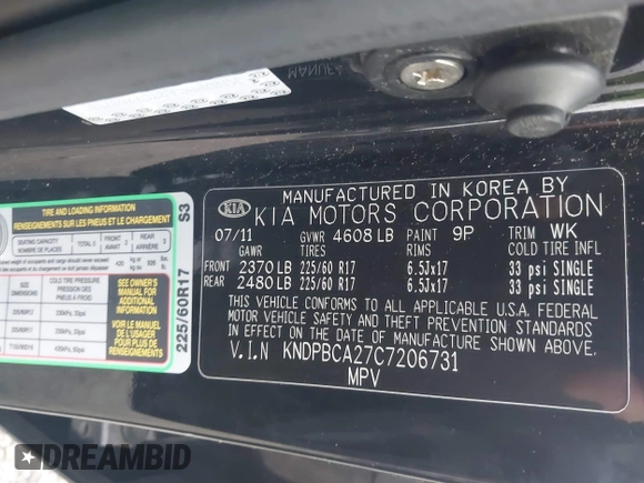 2012 Kia Sportage LX with VIN KNDPBCA27C7206731, listed as a IAAI auction lot 42056238 with 67,926 mi miles and . Bid and sale history available at DreamBid. Image 9.