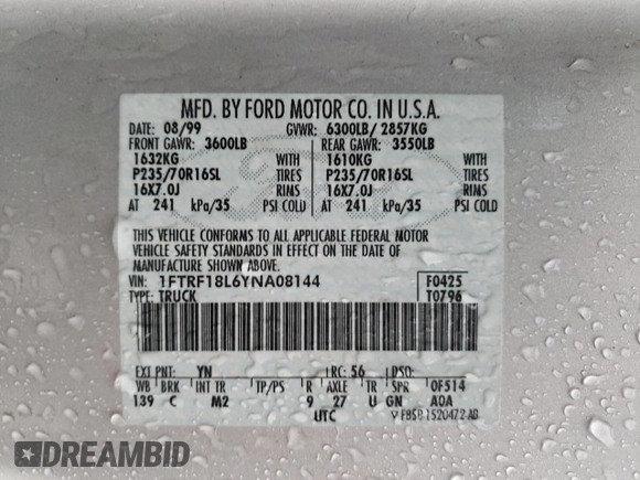 2000 Ford F-150 XL with VIN 1FTRF18L6YNA08144, listed as a Copart auction lot 66935914 with 281,348 mi miles and Non repairable. Bid and sale history available at DreamBid. Image 12.