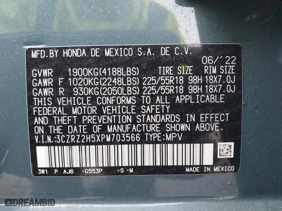 2023 Honda HR-V Sport with VIN 3CZRZ2H5XPM703566, listed as a IAAI auction lot 38586765 with 17,591 mi miles. Bid and sale history available at carsss.com. Image 9.
