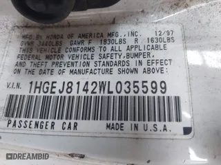1998 Honda Civic EX with VIN 1HGEJ8142WL035599, listed as a IAAI auction lot 41945812 with 237,021 mi miles. Bid and sale history available at carsss.com. Image 9.