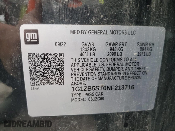 2022 Chevrolet Malibu LS with VIN 1G1ZB5ST6NF213716, listed as a Copart auction lot 67871534 with 38,985 mi miles and Salvage Title. Bid and sale history available at DreamBid. Image 14.