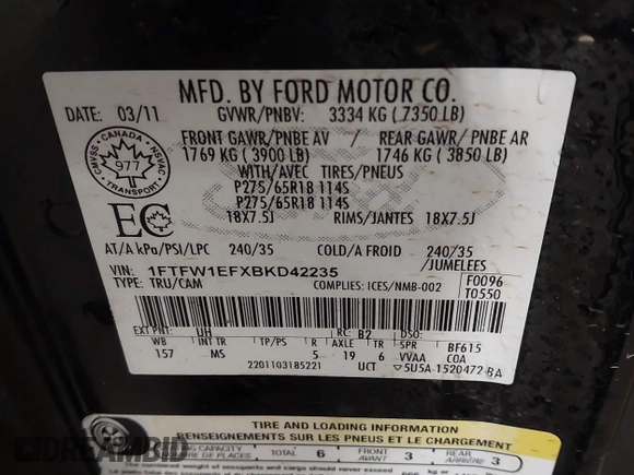 2011 Ford F-150 XL with VIN 1FTFW1EFXBKD42235, listed as a IAAI auction lot 41812147 with 220,144 mi miles. Bid and sale history available at carsss.com. Image 9.