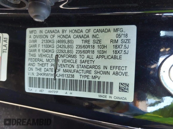 2018 Honda CR-V EX with VIN 2HKRW1H5XJH513238, listed as a IAAI auction lot 41692527 with 98,325 mi miles. Bid and sale history available at carsss.com. Image 9.