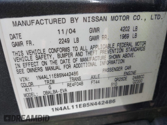 2005 Nissan Altima 2.5 S with VIN 1N4AL11E85N442486, listed as a IAAI auction lot 41758586 with 193,990 mi miles. Bid and sale history available at carsss.com. Image 9.