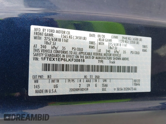2020 Ford F-150 XL with VIN 1FTEX1EP6LKF30818, listed as a IAAI auction lot 42607039 with 29,587 mi miles and . Bid and sale history available at DreamBid. Image 9.