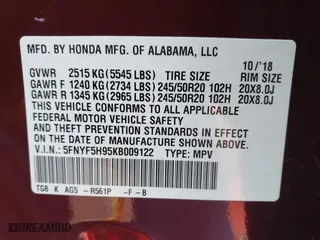 2019 Honda Pilot Touring 8-Passenger with VIN 5FNYF5H95KB009122, listed as a IAAI auction lot 41573338 with 85,845 mi miles. Bid and sale history available at carsss.com. Image 9.