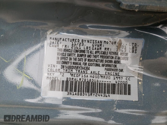 2024 Nissan Sentra SR with VIN 3N1AB8DV5RY244364, listed as a Copart auction lot 51608085 with 34,199 mi miles and Salvage title. Bid and sale history available at DreamBid. Image 12.